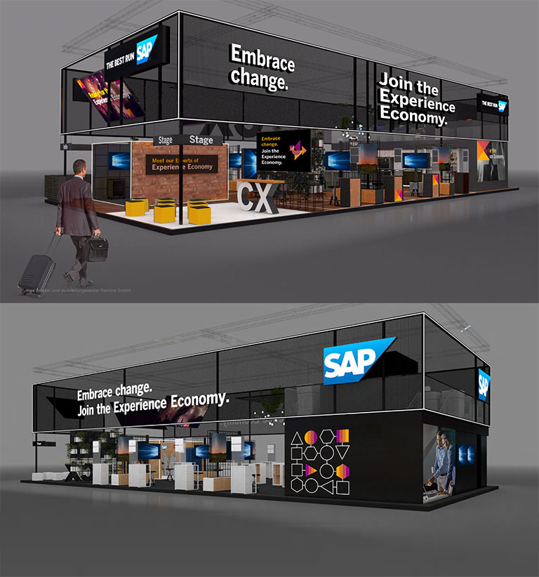 A rendering of the SAP trade show booth by the design agency SNK is shown